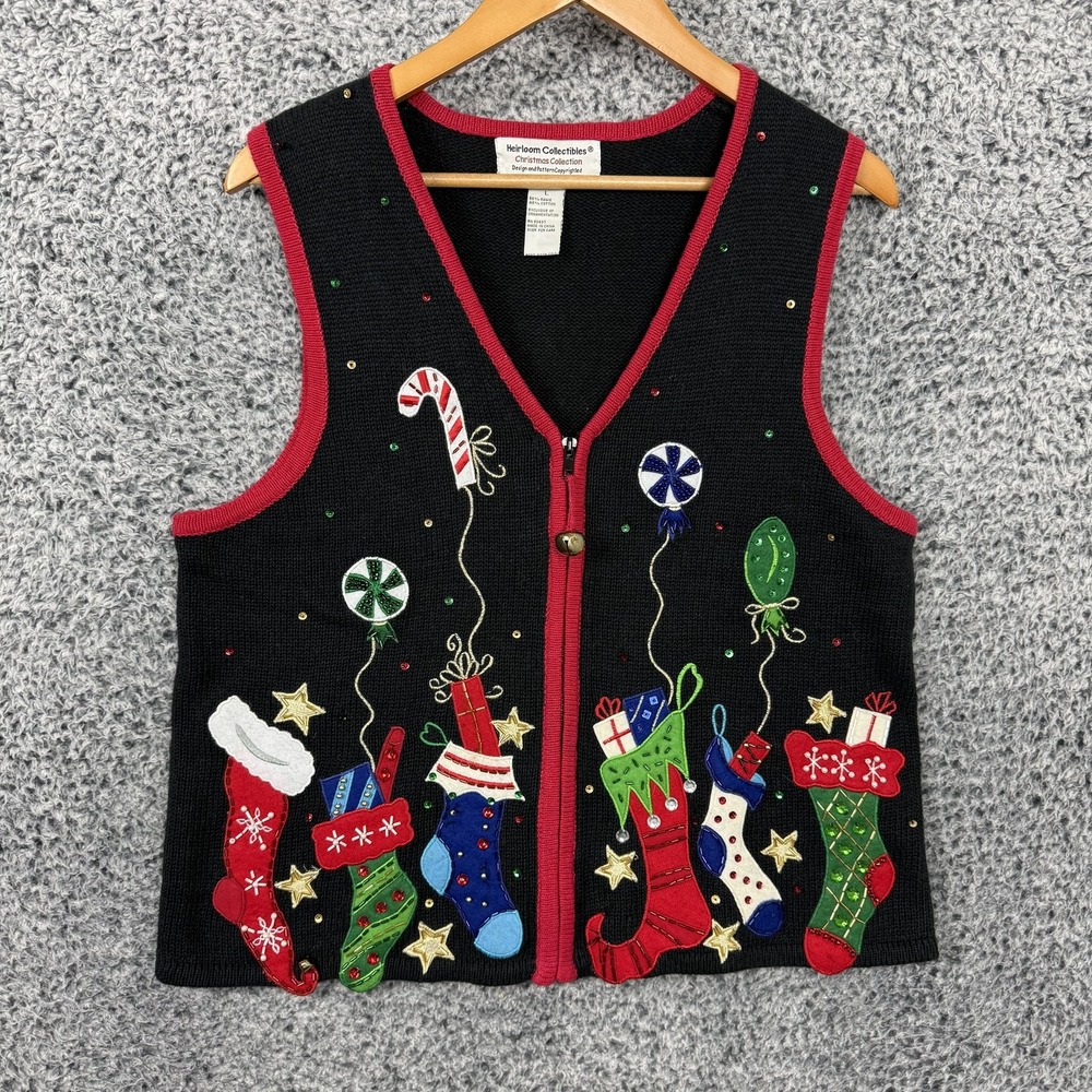 VTG Heirloom Collectibles Sweater Vest Womens Large Christmas Stockings Zip Ugly